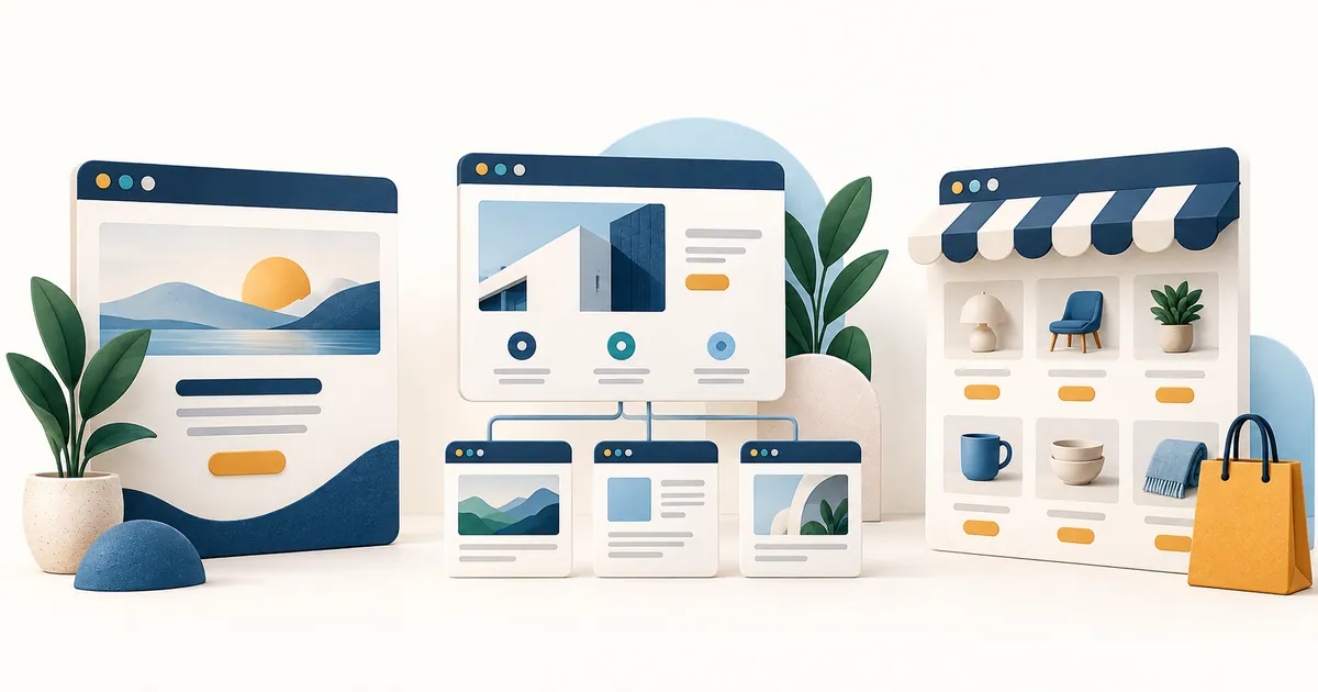 Ilustrasi perbedaan landing page, website perusahaan dan toko online